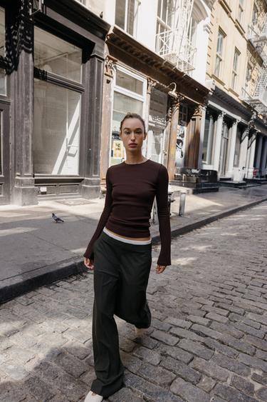 RIB T-SHIRT WITH FLARED SLEEVES - Chocolate by Zara