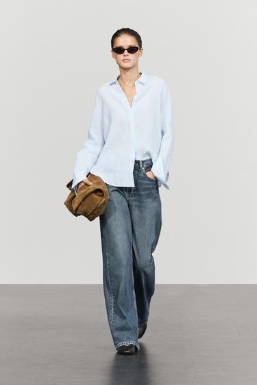 Zara Regular fit 100% linen pinstriped shirt - Sky blue - Image 0