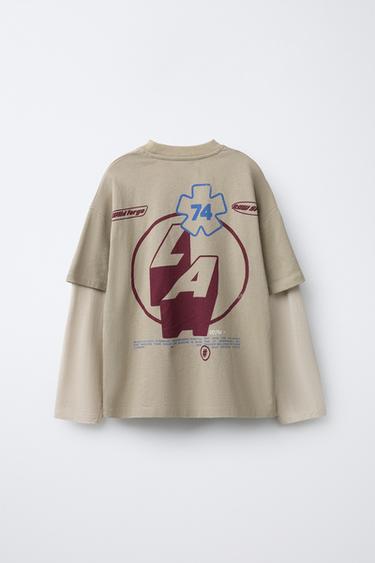 T-SHIRT IMPRIMÉ RIDER À DOUBLES MANCHES - Marron clair de Zara - Image 1