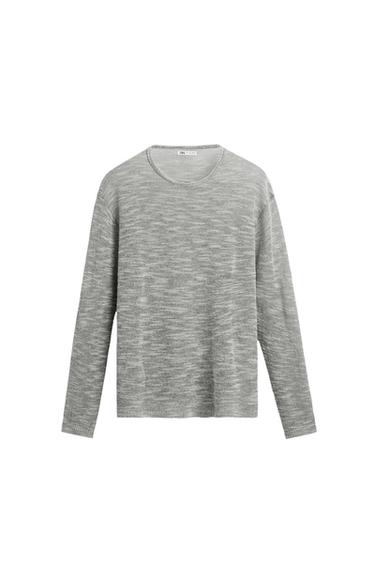 Front view of a grey jumper with a crew neck and long sleeves.
