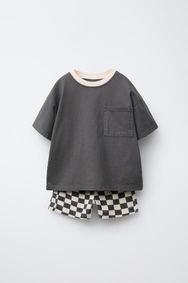 CONJUNTO JOGGING CAMISETA Y BERMUDA CUADROS DAMEROS - Gris antracita de Zara