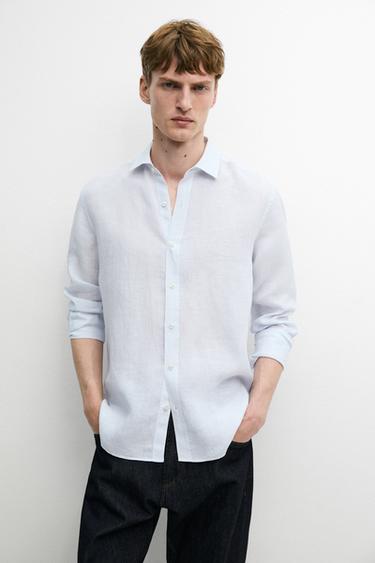 Zara Striped slim fit linen shirt - Green stripe