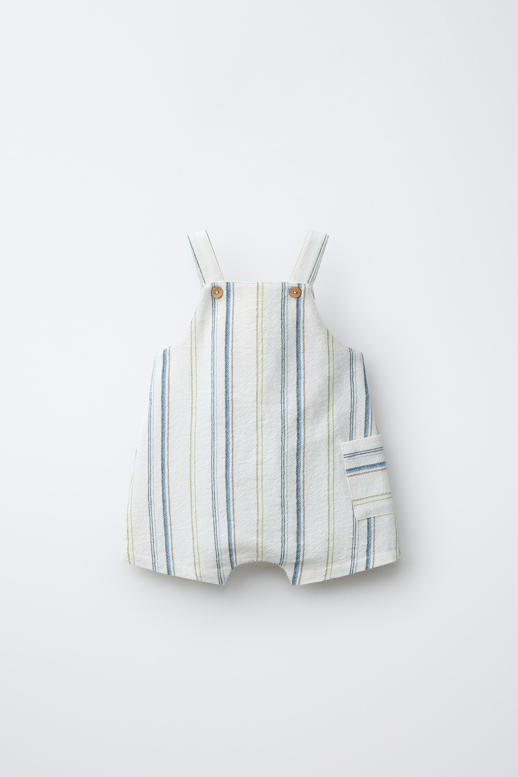 STRIPED OVERALL SHORTS — Ecru