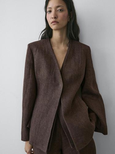 Zara Linen lapelless blazer - Brown