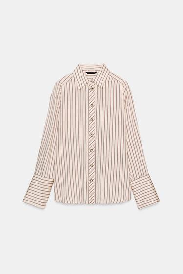 STRIPED SHIRT WITH WIDE CUFFS - Ecru / Maroon by Zara