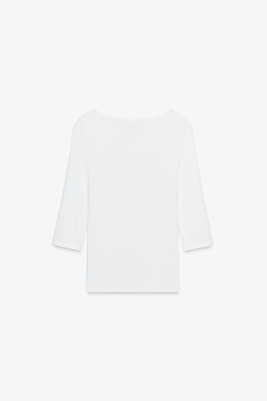 T-SHIRT COL BATEAU EN COTON - Blanc de Zara - Image 6
