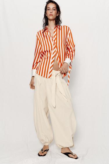Zara BOW TRIM STRIPED SHIRT - white-orange
