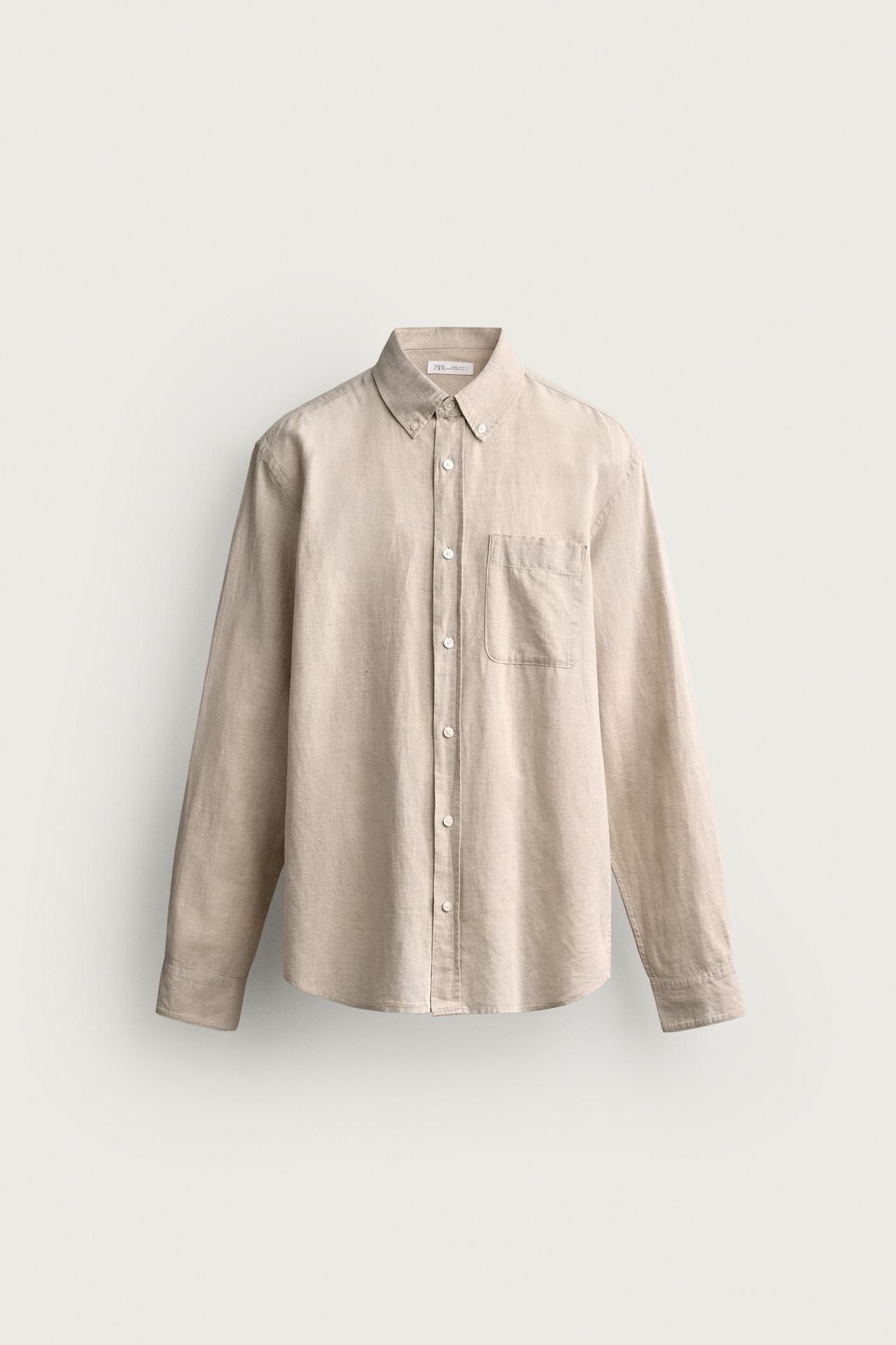 LINEN COTTON BLEND REGULAR FIT SHIRT — Light beige