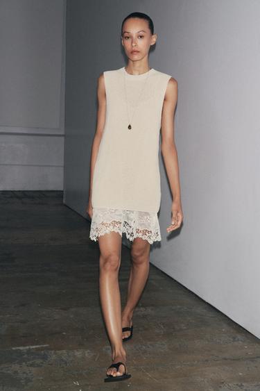 Zara 拼接針織洋裝 - 裸色