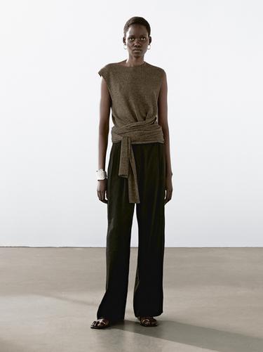 Zara Melange linen blend top with tie detail - Khaki