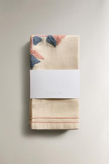 LOT SERVIETTES DE TABLE COTON BRODERIES (LOT DE 2) - Roses de Zara - Image 4