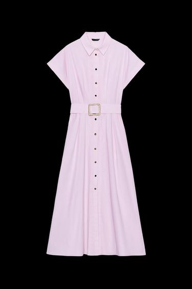 BELTED POPLIN MIDI DRESS - Pink by Zara