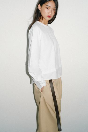 تيشرت بوبلين ممزوج - أبيض الخاص بـ Zara