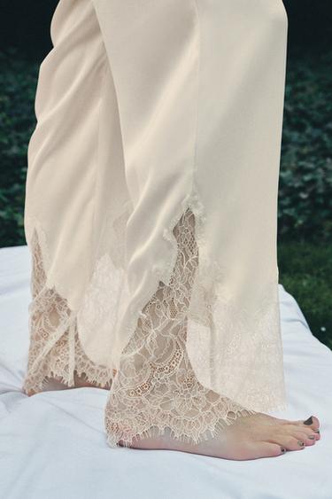 SATIN TROUSERS WITH LACE - Ecru by Zara