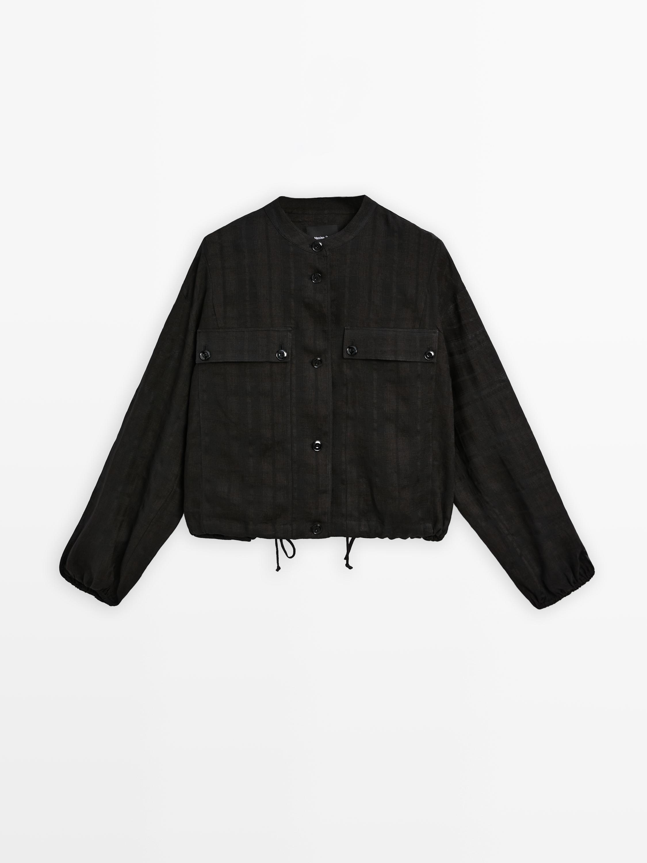 Linen blend check bomber jacket