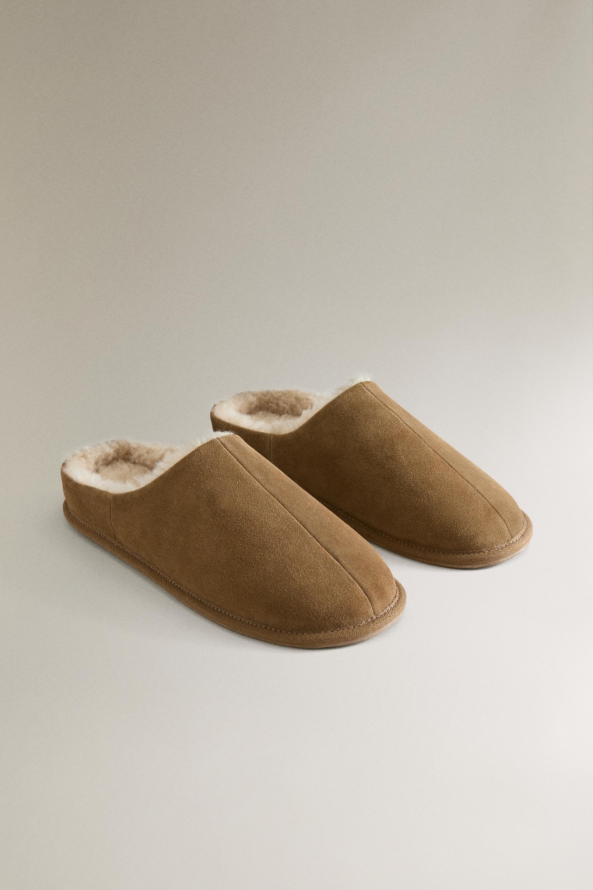 WARM LEATHER MULE SLIPPERS — Brown