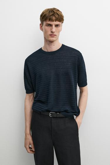 Zara 100% linen short sleeve knit sweater - Navy blue