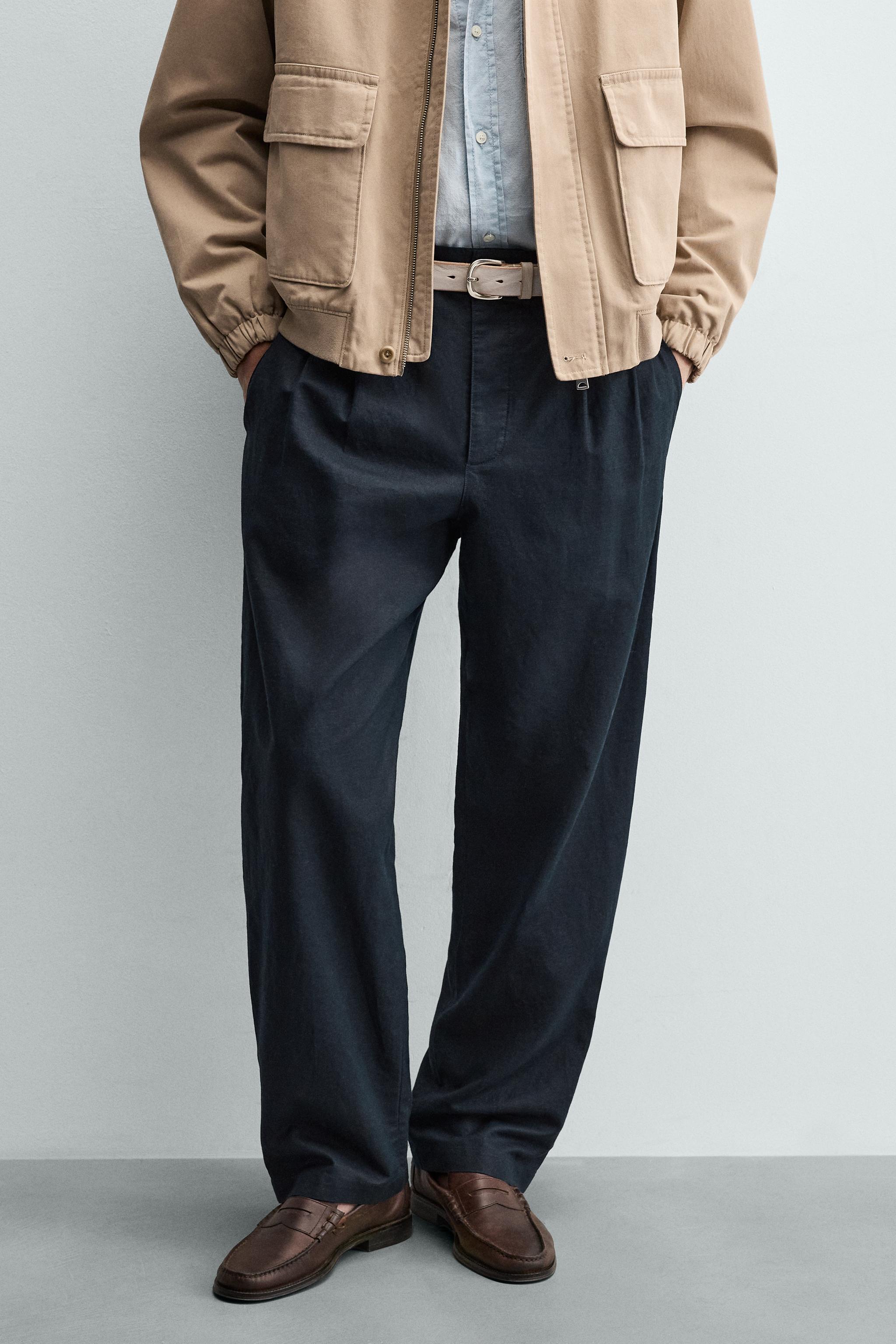 HEMP AND COTTON RELAXED FIT PANTS — Dark navy