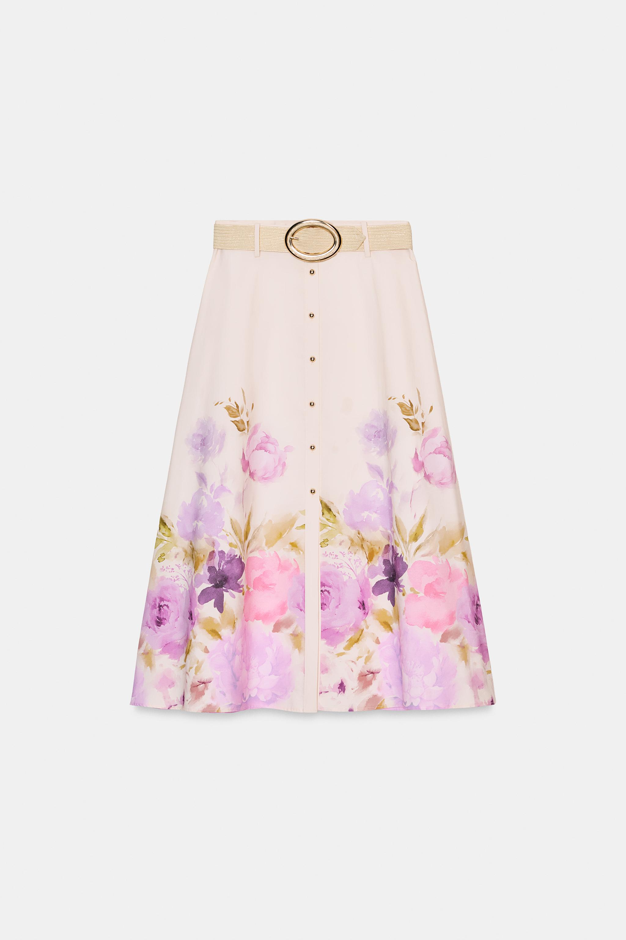 FLORAL PRINT BELTED MIDI SKIRT