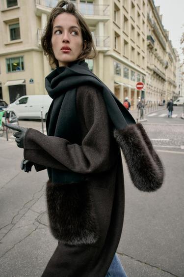 PLAIN WOOL SCARF WITH FAUX FUR - Black by Zara - Image 1