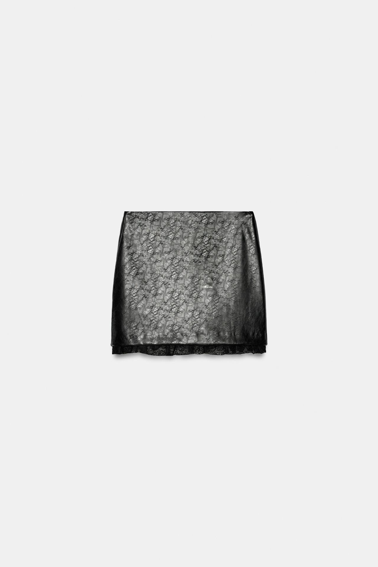 LEATHER EFFECT LACE MINI SKIRT — Black