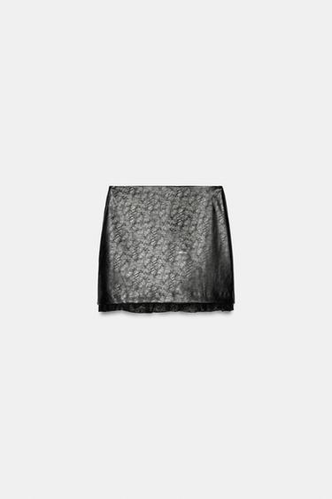 LEATHER EFFECT LACE MINI SKIRT — Black 1