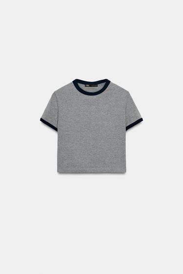 CAMISETA CROP RIB CONTRASTE - Gris / Azul de Zara