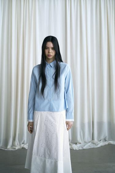 STRIPED CROPPED SHIRT WITH TIES - White / Sky blue by Zara