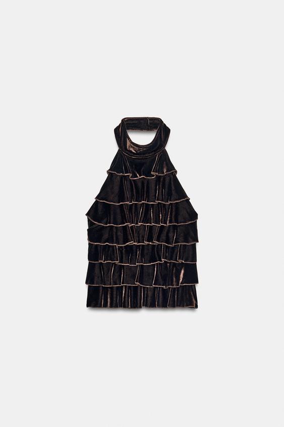 TOP HALTER VELVET VOLANTES - Marrón de Zara - Imagen 0