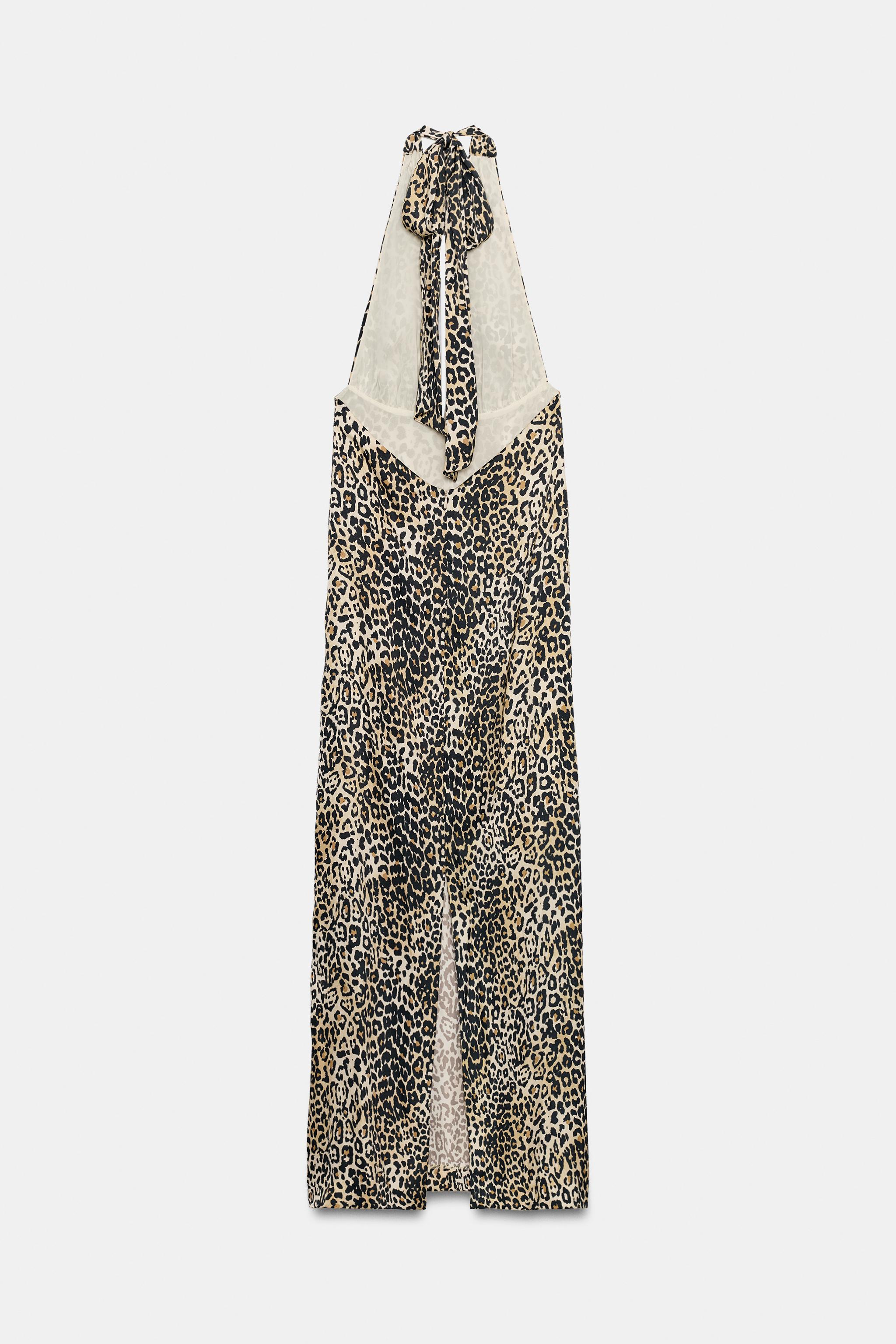 Zara Halter Yaka Leopar Desenli Saten Elbise görsel 7