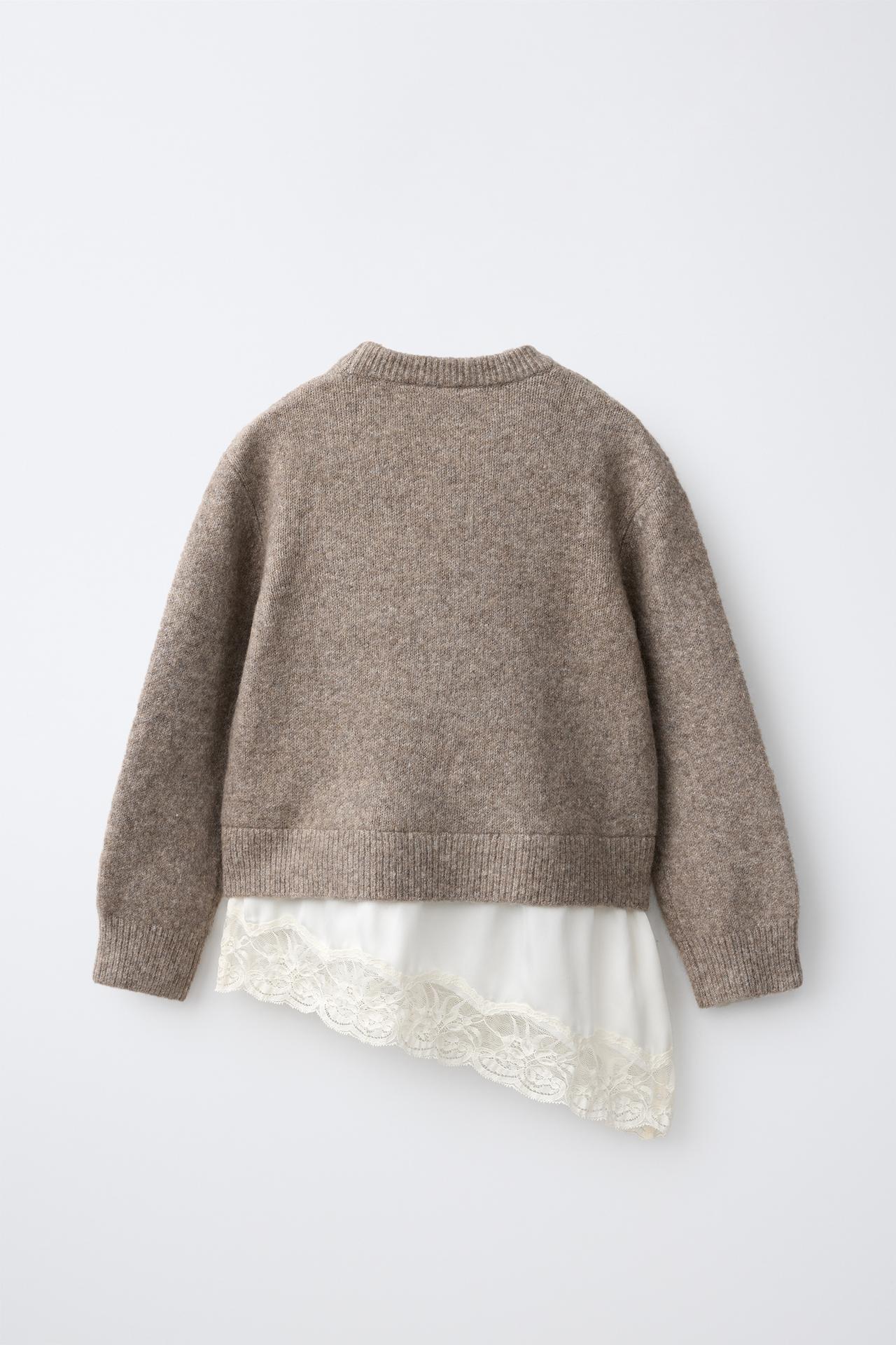 LACE COMBINED KNIT SWEATER — Brown / Taupe