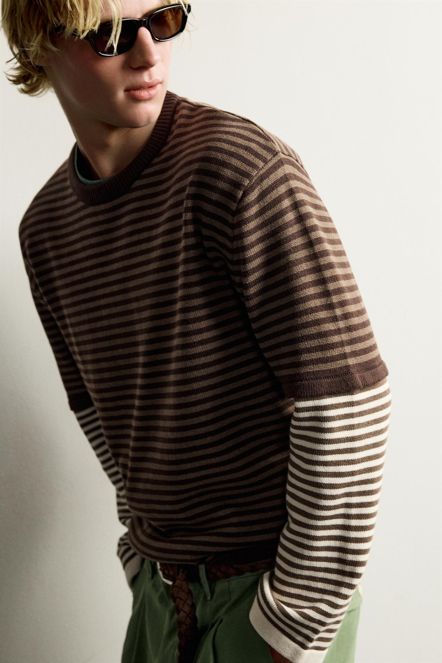 Мужской свитер Zara Contrast Striped Jacquard, цвет: Коричневый — фото 6