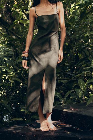 LINEN BLEND MIDI DRESS - Dark khaki by Zara