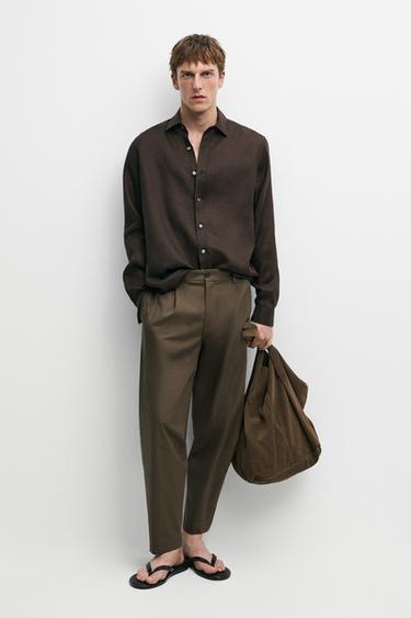 Pantalón doble pinza algodón - Verde oscuro de Zara