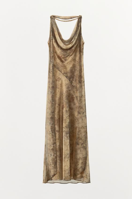 zara gold velvet dress LONG FLORAL PRINT - Beige back in stock