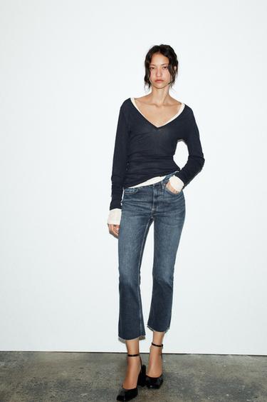 TRF HIGH-WAIST CROPPED FLARE JEANS - Navy blue by Zara