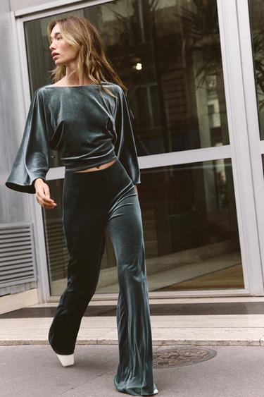 VELVET TROUSERS - Mid-green by Zara