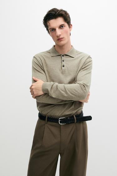 Zara Cotton knit polo sweater - Khaki marl