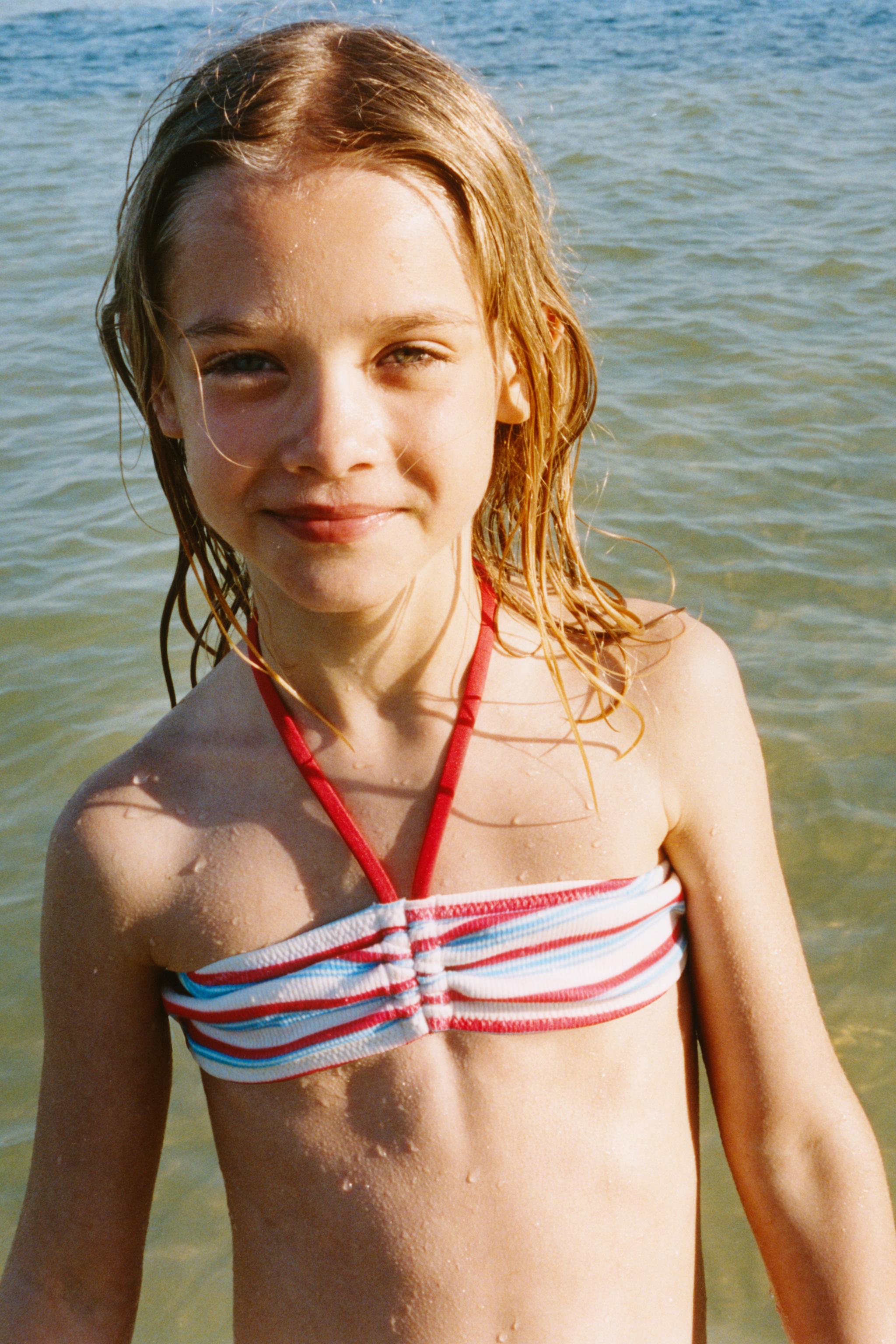 6-14 YEARS/ RIBBED STRIPED BIKINI — Red / White