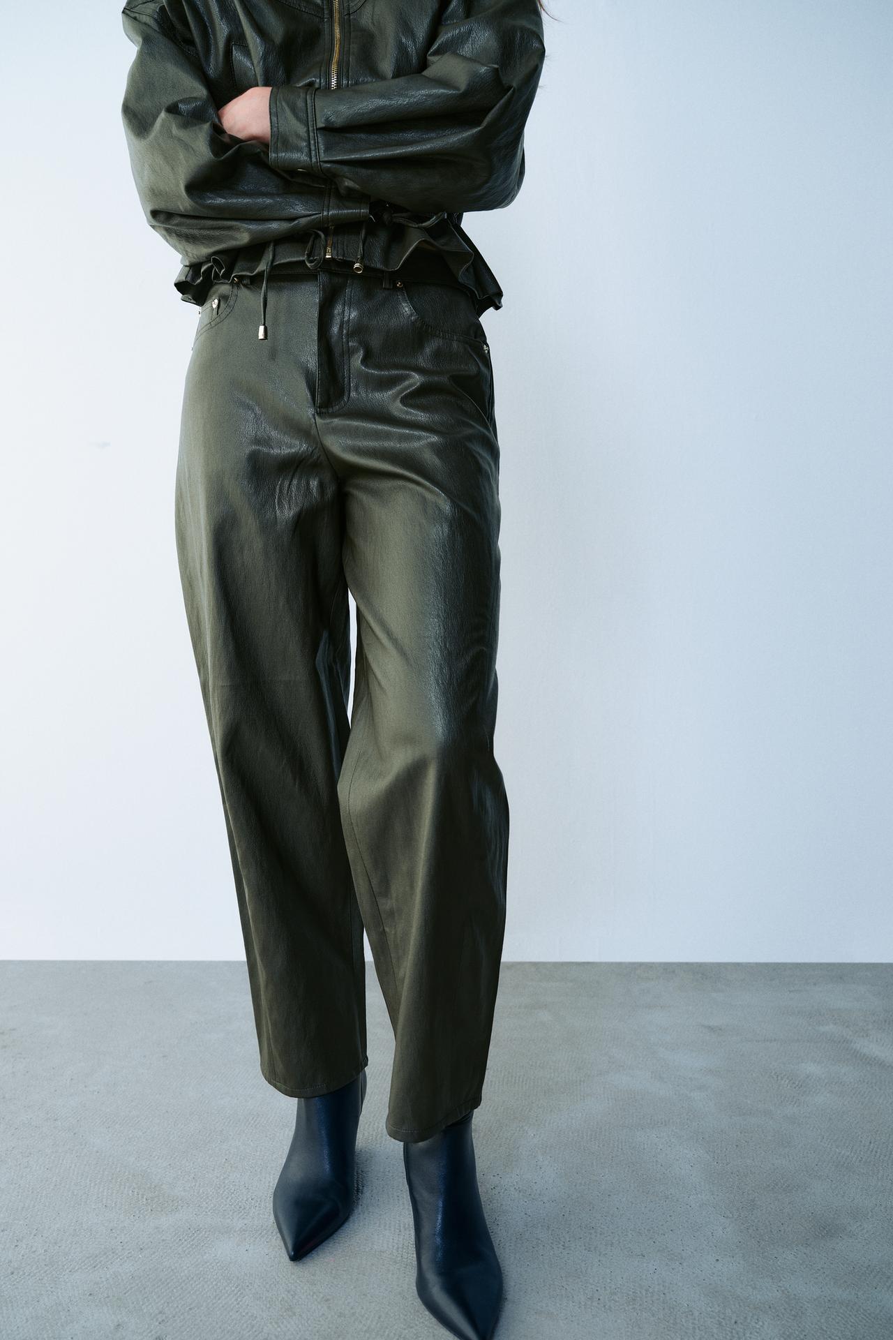 FAUX LEATHER BARREL PANTS — Dark khaki