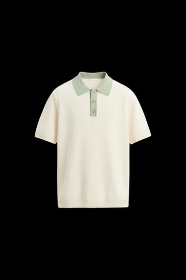 Zara CONTRAST KNIT POLO SHIRT - Ecru / Green - Image 0