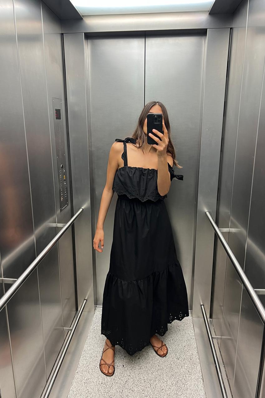 カットワーク エンブロイダリー ミディワンピース - ブラック | ZARA 