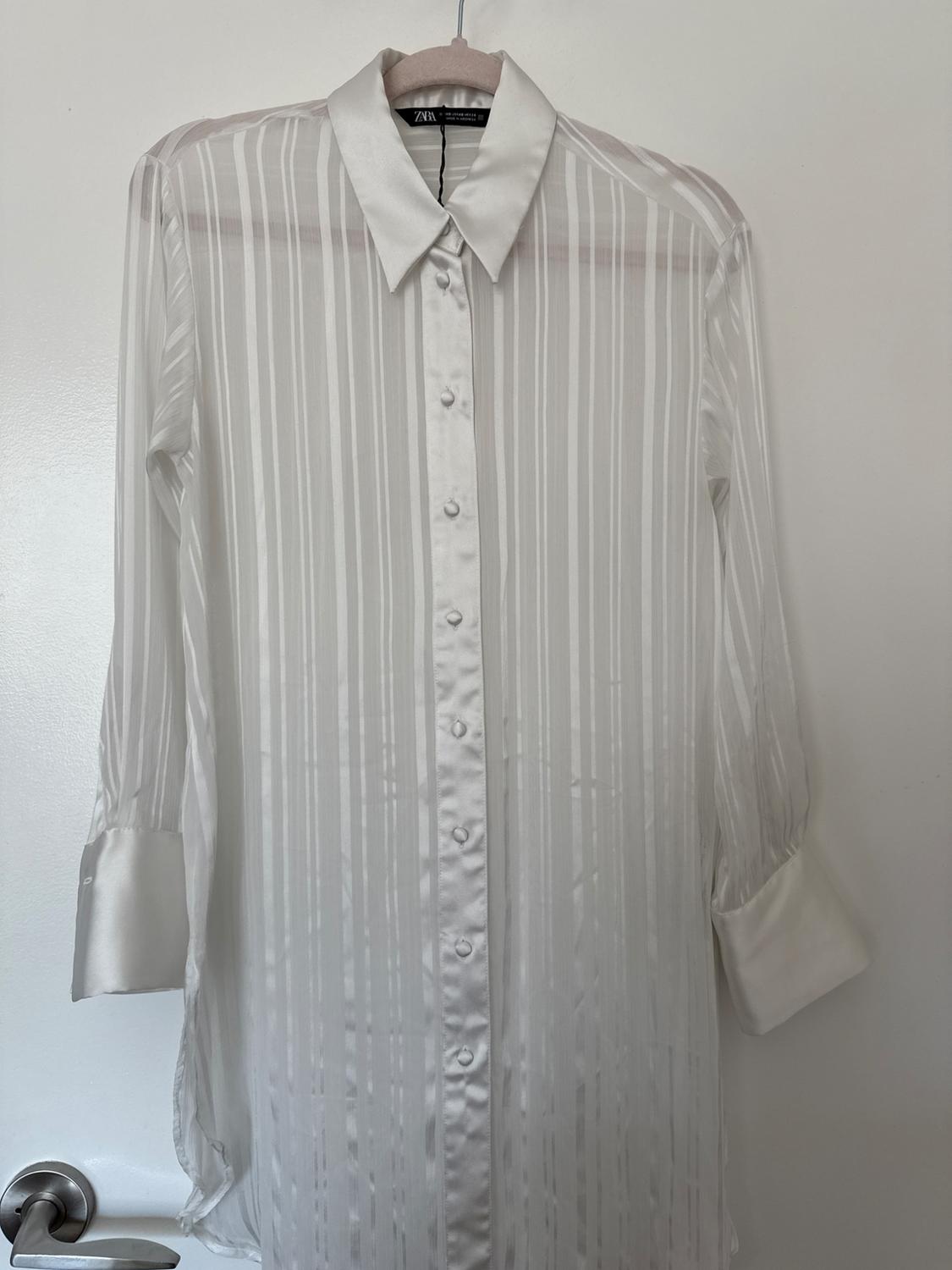 Semi-sheer white vertical-striped shirt with opaque collar and cuffs, hanging on a white door. ZARA label.