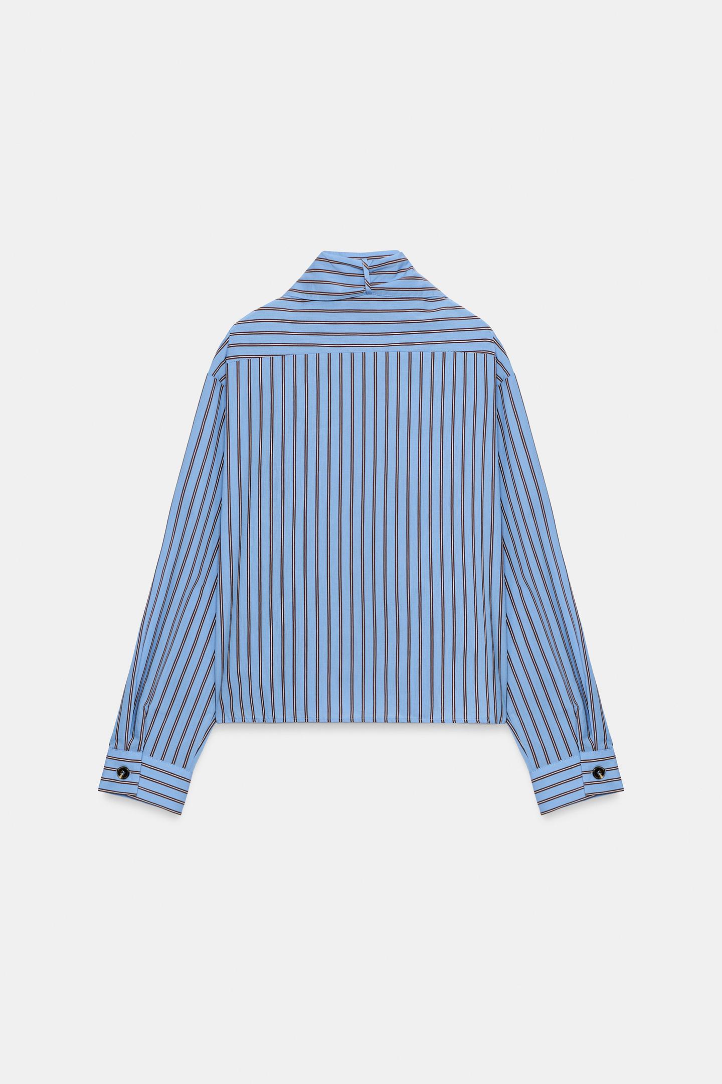 Женская рубашка Zara Striped Tie-Detail, цвет: Коричневый синий — фото 11