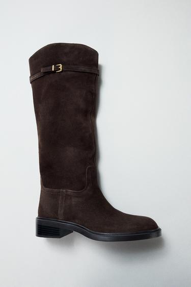 Zara LOW HEELED EQUESTRIAN SPLIT LEATHER BOOTS - Brown