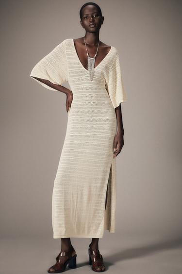 VESTIDO LONGO DE TRICÔ POINTELLE - Bege da Zara