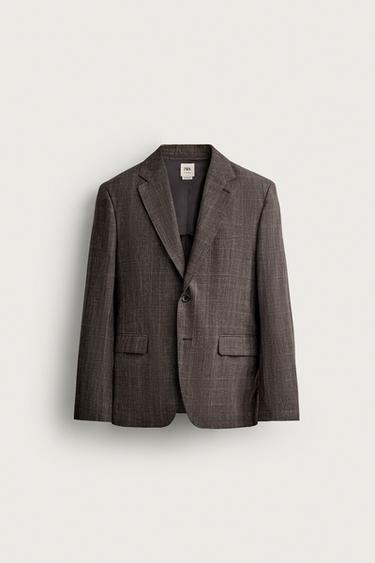 КАРТАТИЙ КОСТЮМНИЙ ПІДЖАК ІЗ ЛЬОНУ ТА ВОВНИ - Коричневий Zara