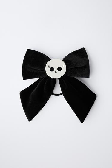 SKULL VELVET BOW CLIP SCRUNCHIE - Black by Zara - Image 3