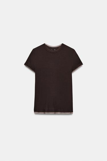 T-SHIRT WITH TULLE DETAIL - Chocolate brown by Zara