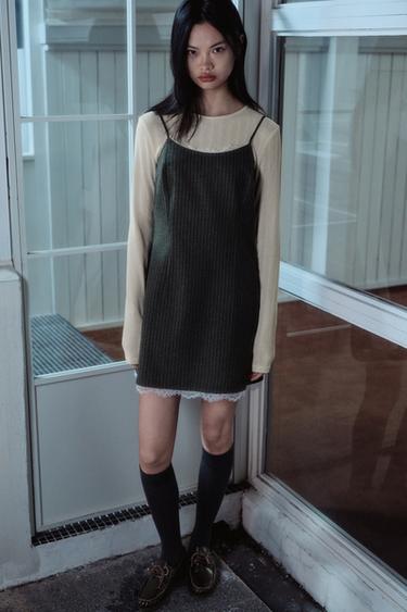 Zara 外交條紋蕾絲短洋裝 - 炭灰色